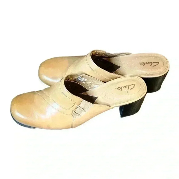 Clarks Leather Mules Size 8 Tan Slip On Block Heel Clogs Y2K Comfort Shoe - Picture 4 of 10